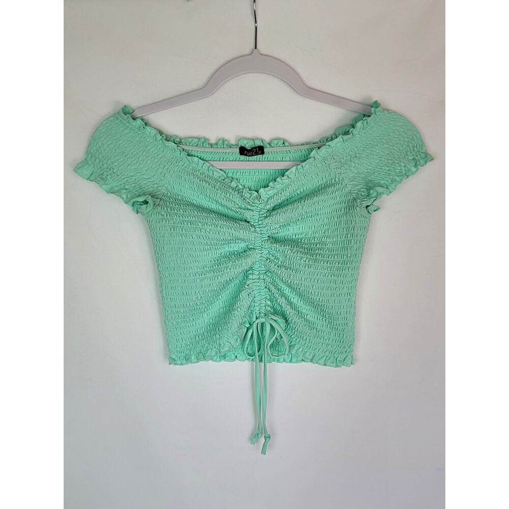 Rue21 Mint Green Smocked Ruched Off the Shoulder Crop Top Women's Size S - Picture 2 of 6